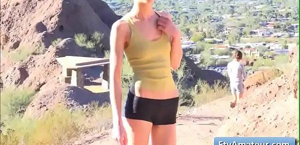 Petite cutie girl Kristen goes for a jog and flash her tits and pussy in the wild